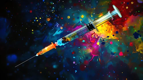 Neon syringe drifting through a cosmic splash of color.