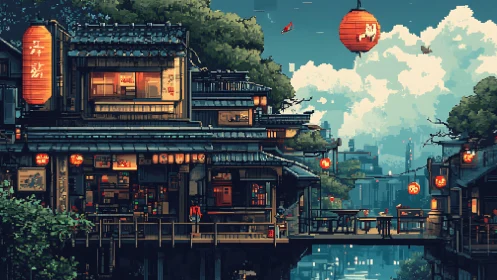 Pixelated neo-Tokyo alleyway merges lantern glow and skyline