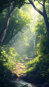 Sunlit Forest Path with Stream and Canopy.