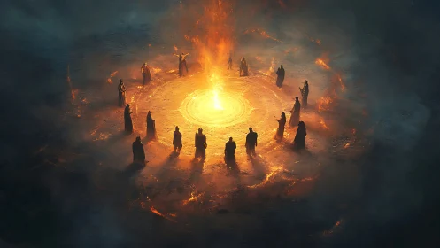 Ritual circle of hooded figures around central fire vortex