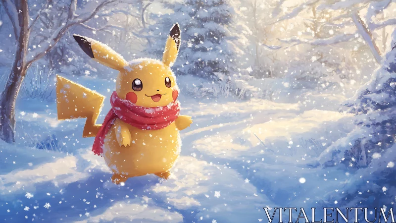 Pikachu with red scarf walking through peaceful snowy forest.