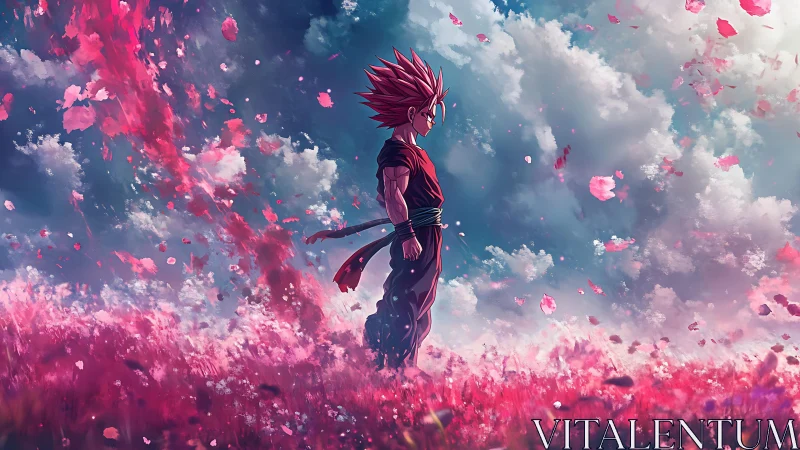 Crimson-haired warrior amid storm of petals and clouds.
