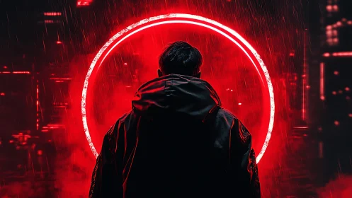 Neon red portal behind lone figure in rain soaked alleyway.