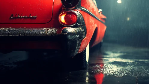 Rear quarter view shows wet red classic car in rainfall