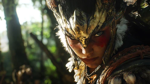 Warrior in avian helm rendered with cinematic photorealism