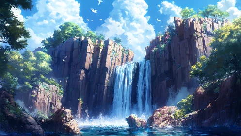 Digital landscape depicts vertical waterfall between cliffs