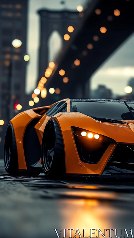 Orange supercar under city bridge at night in rain.