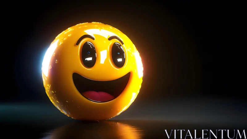 Shiny 3D Smiley Face Emoji with Bright Expression in Dark Setting.