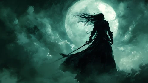 Silhouetted swordsman against luminous full moon haloed clouds