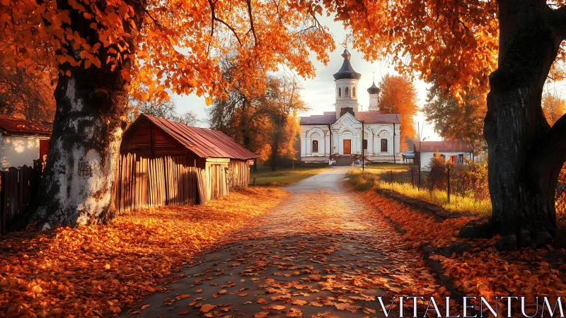 Village church at end of autumn lane framed by trees.