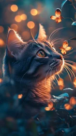 Luminescent Cat Portrait with Golden Butterfly Composition.