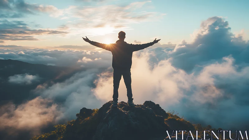 Silhouette stands on sunlit mountain peak above dense clouds.