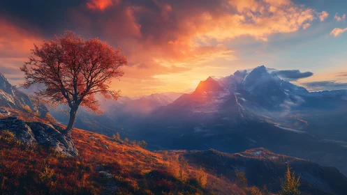 Solitary ember tree greets a blazing mountain sunrise