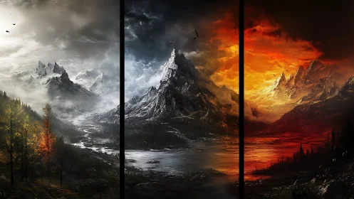 Mountain peaks sharing shifting skies of mist, dusk, and fire.