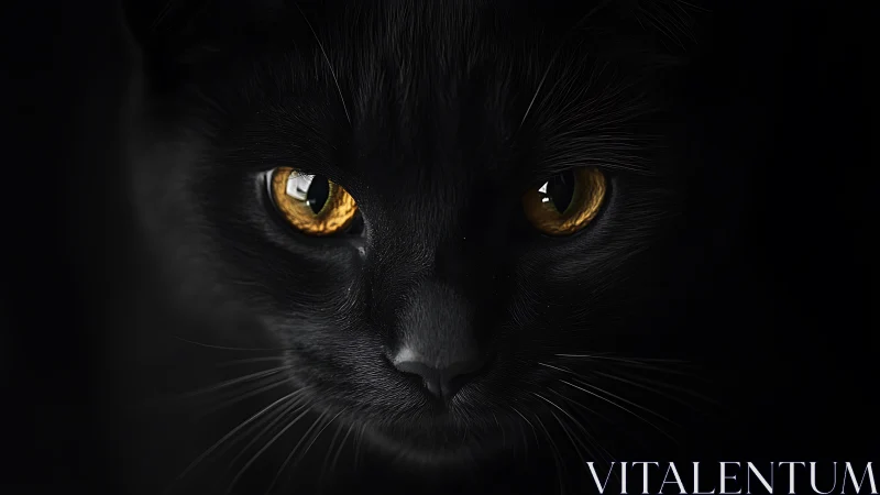 Black Feline Head Against Dark Background with Amber Eyes