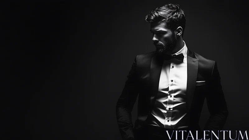 Elegant tuxedo portrait under dramatic low-key studio light.