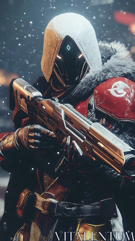 Armored sci‑fi marksman in snow with high‑spec energy rifle