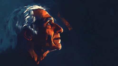 Digital painting profile portrait with dramatic chiaroscuro lighting.