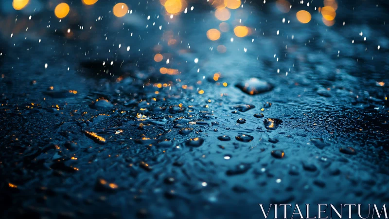 Rain falling on wet pavement with blurred city lights.