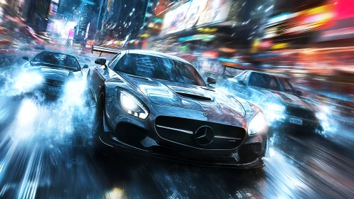 Street racing supercar cuts neon city rain at full speed.