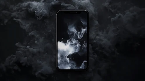Smartphone with monochrome smoke interface on dark backdrop.