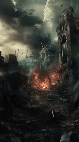 Burning war-torn city street collapses under storm clouds.