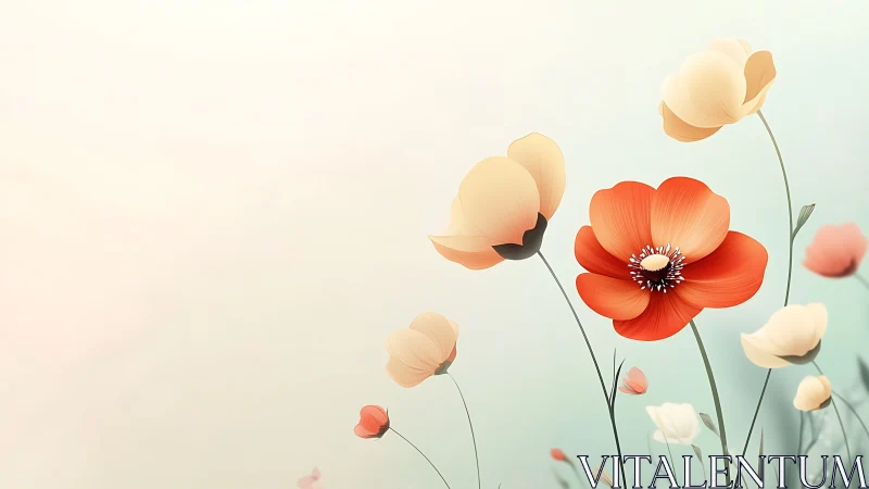 Minimalist gradient field isolates stylized poppy blossoms in bloom