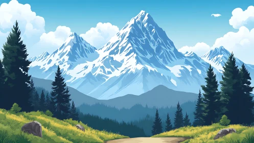 Snowy mountain range behind forest path under clear sky.