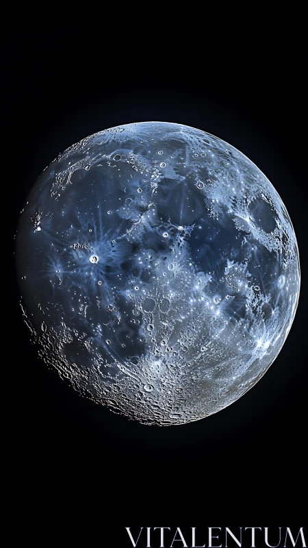 Luminous lunar surface reveals detailed icy blue craters.