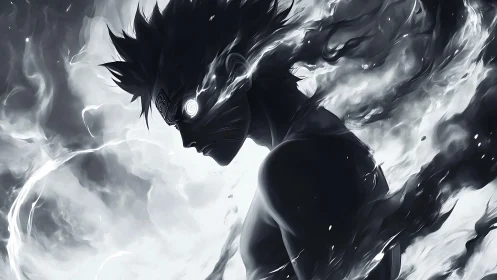 Monochrome ninja silhouette channels swirling spectral energy