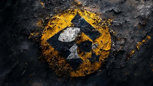 Weathered yellow hazard emblem with abstract skull motif.