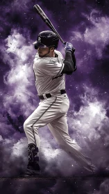 Photorealistic baseball slugger amid dynamic purple vapor field.