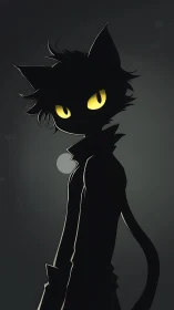 Glow-eyed cat silhouette strolls softly through moonlit night