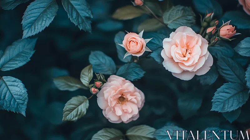 Peach roses flourish among teal foliage in garden composition