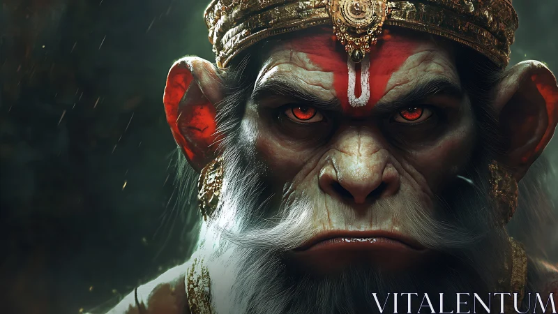 Mythic simian warrior close-up with ornate golden crown and tilak