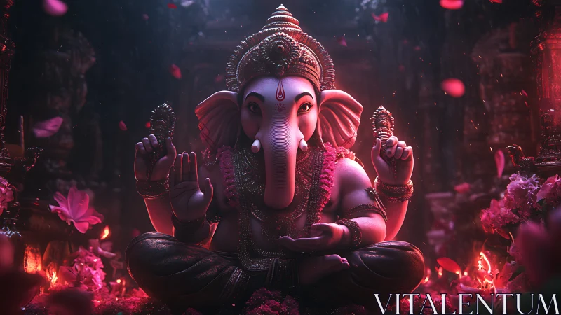 Divine Ganesha idol glows in petals and sacred temple light