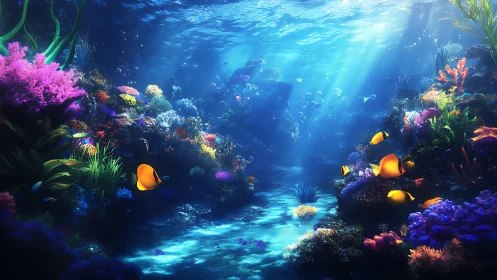 Sunlit digital coral reef scene renders luminous tropical fish
