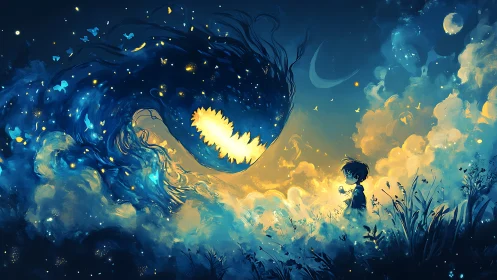 Luminous child confronting nebular shadow beast in twilight sky