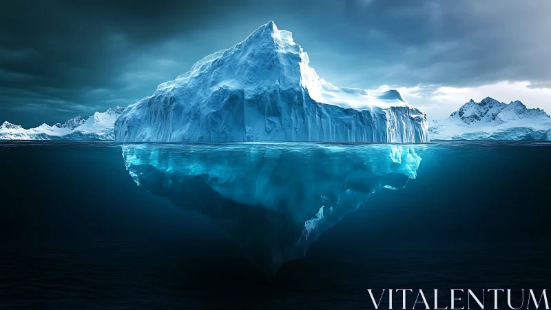 Photorealistic polar iceberg cross-section with submerged mass.
