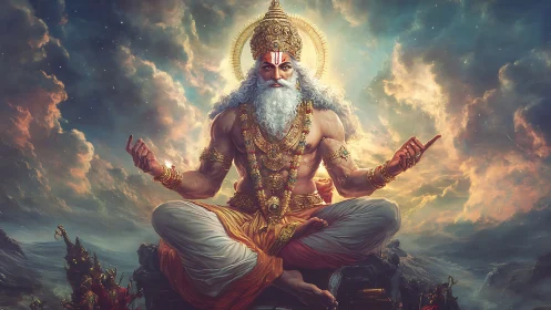 Divine sage figure seated in sky with glowing halo presence.