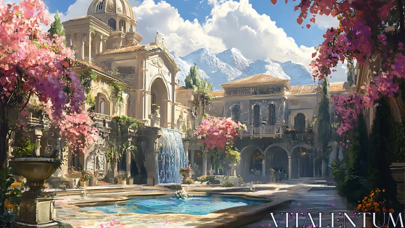 Grand courtyard with fountain pool and mountain backdrop.