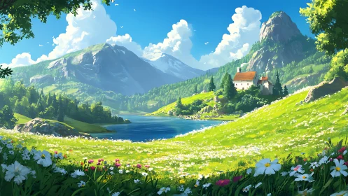 Sunlit mountain meadow cradling a tranquil sapphire lake.