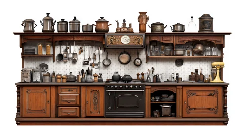 Vintage wooden kitchen unit packed with cookware and tools.