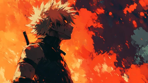 Fiery anime warrior silhouette amid explosive orange blaze.
