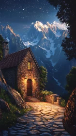 Stone mountain cottage under starlit alpine peaks.