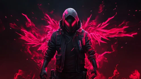 Crimson phantom stalks through neon flame with spectral wings.