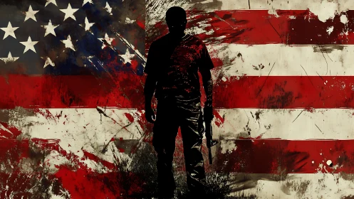 Silhouetted soldier storms across a fractured American flag
