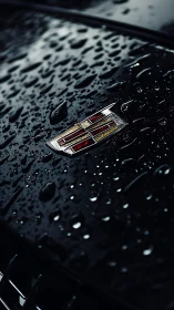 Hydrophobic gloss on rain-soaked Cadillac emblem macro surface.