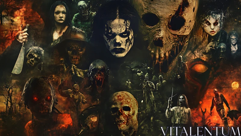 Horror creatures converge under burning skies, undead awaken.