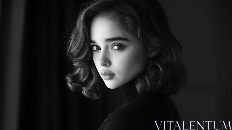 Soft light traces a pensive woman’s face in monochrome